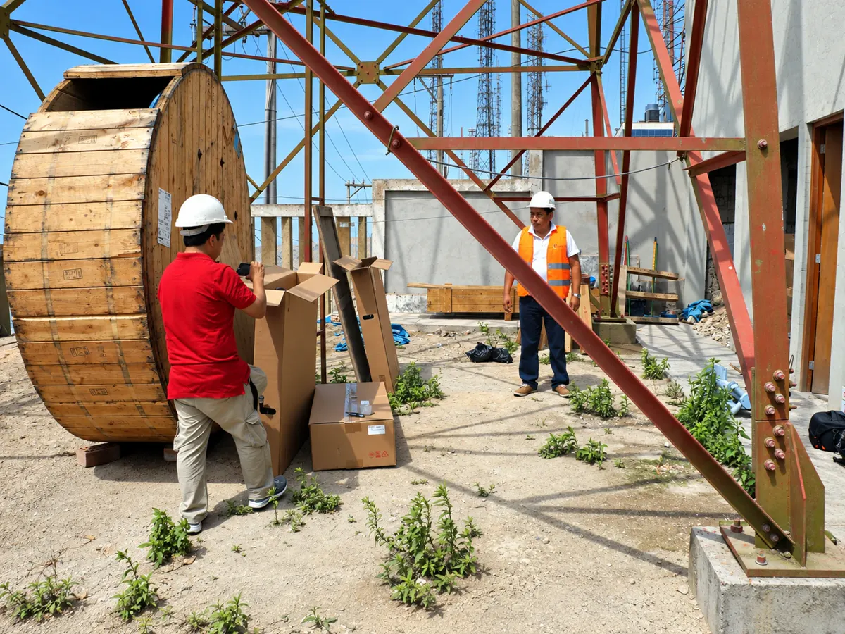 Ingenieros de Elogic en una planta de transmisión, con la torre, el carrete de cable y los equipos recién llegados