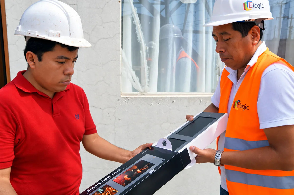 Dos ingenieros de Elogic revisan un equipo antes de instalarlo